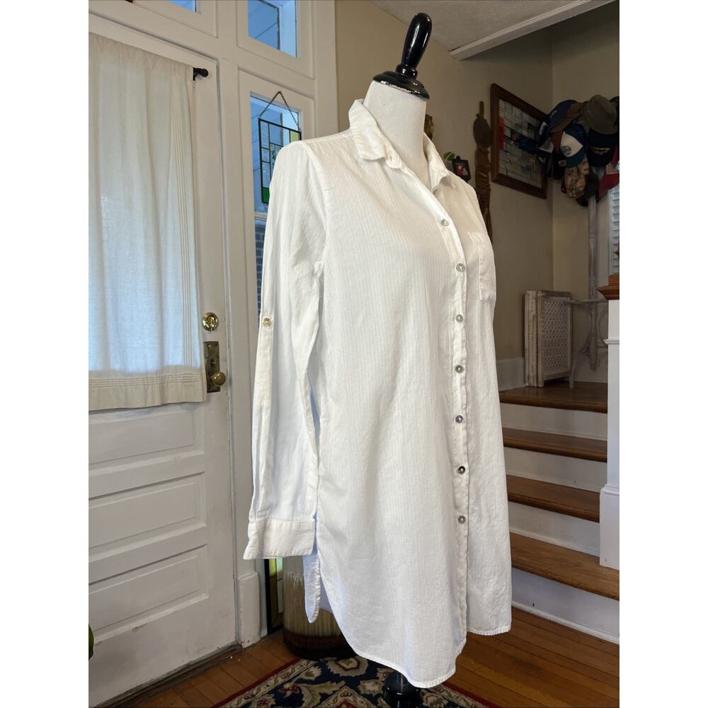 Beach Lunch Lounge L Tunic Long Sleeve White Stripe 100% Cotton Button Classic - Picture 3 of 9